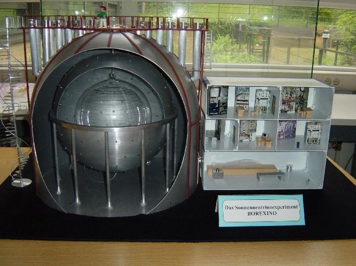 Fot: Model detektora Borexino. Kolejne warstwy detektora coraz lepiej chronią wnętrze przed promieniowaniem. Borexino Collaboration 