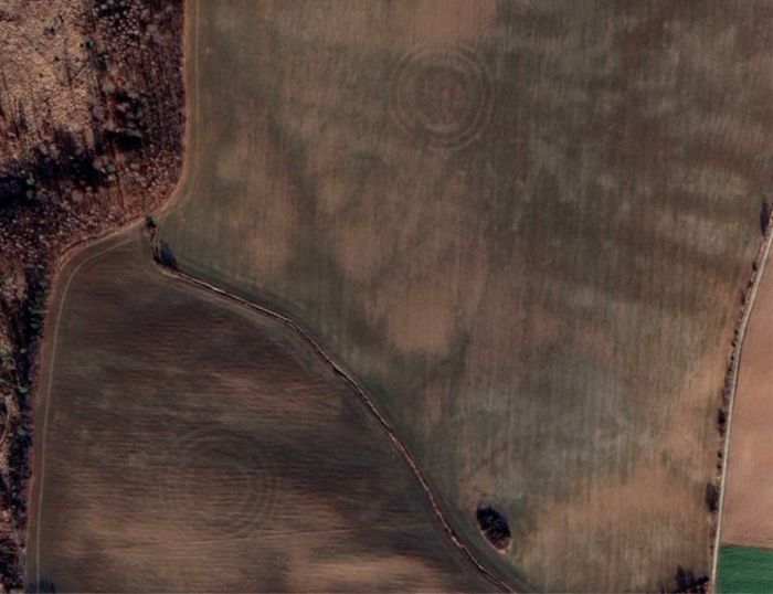 4.	Dwa sąsiadujące ze sobą rondele w Sieroszowie (pow. ząbkowicki) na zobrazowaniu satelitarnym (GoogleEarth)