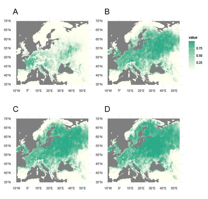 Ryc. Model najbardziej odpowiednich siedlisk dla kotewki orzecha wodnego w Europie: A – okres przed 2020 do 2020 r., B – 2020 do 2040, C – 2041 do 2060, D – 2061-2080/ Model of the most suitable habitats for T. natans in Europe: A – pre to 2020, B – 2020 to 2040, C – 2041 to 2060, D – 2061 to 2080