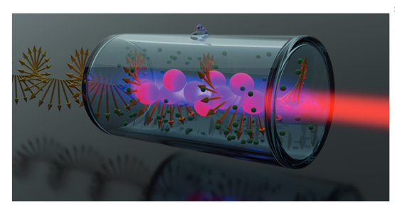 Wizja artystyczna komórki z atomami rydbergowskimi konwertującymi padającą mikrofalę na wiązkę optyczną (Źródło: M. Mazelanik, Uniwersytet Warszawski)