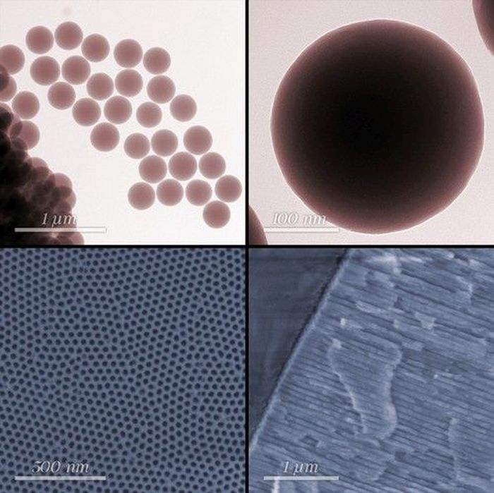 Matryce użyte do budowy nanokompozytowych materiałów bioaktywnych z  jonami srebra: sferyczna nanokrzemionka (u góry) i porowaty tlenek  aluminium (na dole; po prawej widok poprzeczny). Kolory sztuczne.  (Źródło: IFJ PAN)