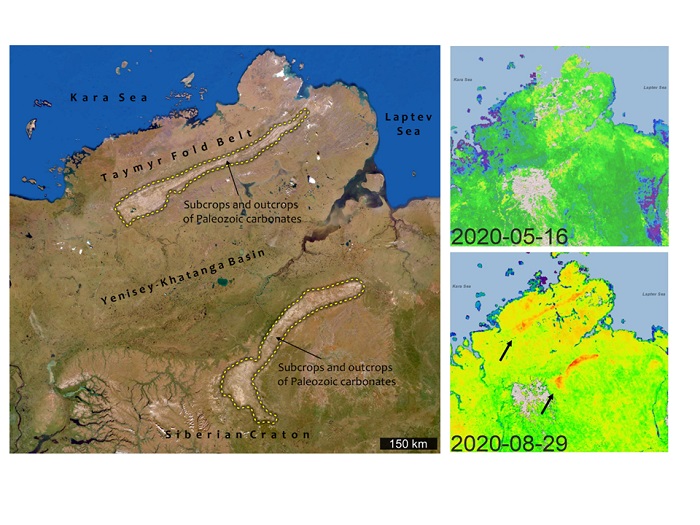 Zdjęcie satelitarne północnej Syberii. Dwa obszary wapienia paleozoicznego zaznaczono żółtymi przerywanymi liniami. U góry po prawej: Satelitarnie zmierzona koncentracja  metanu w maju 2020 r.; na dole po prawej: w sierpniu 2020 r. © N. Froitzheim & D. Zastrozhnov, z wykorzystaniem danych GHGS z (https://pulse.ghgsat.com/)