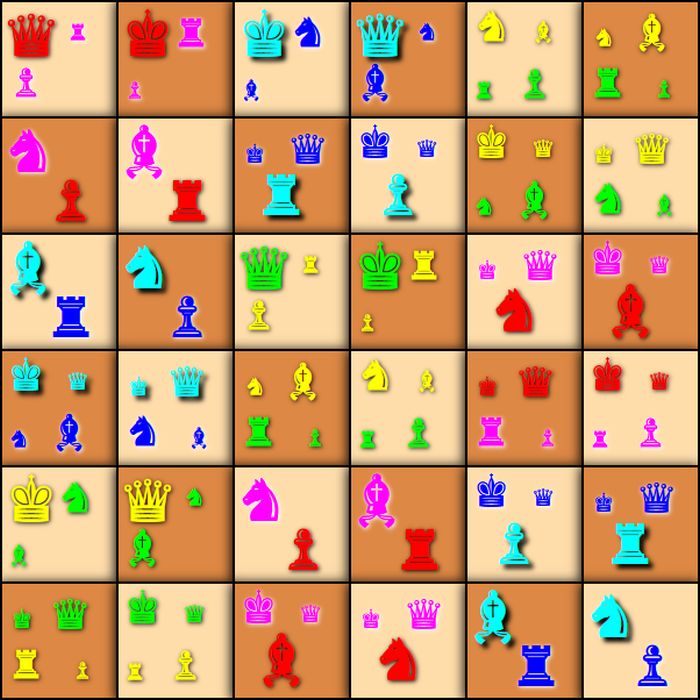 Rozwiązanie kwantowego problemu Eulera przedstawione na szachownicy 6 na 6:  każde pole symbolizuje oficera odpowiadającego superpozycji stanów kwantowych,  a wielkość każdej figury odzwierciedla jej udział w danym stanie. Kolory wyznaczają podział 36 oficerów na 9 grup,  każda po czterech  oficerów.  Rys. Wojciech Bruzda