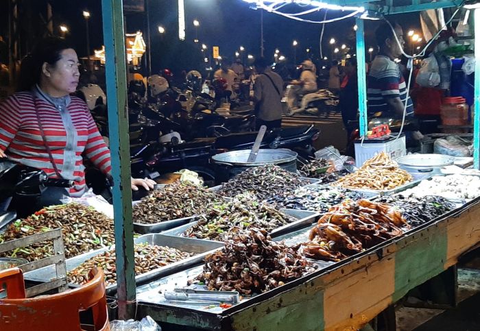 Targ żywności w Phnom Penh, stolica Kambodży - dieta lokalnej ludności oparta jest na dostępnych zasobach białka, stąd na stoiskach, gotowe do konsumpcji można znaleźć...nietoperze, larwy, owady, ptaki, węże, ryby, 2022. Źródło: A.Afelt