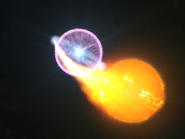 Wizja artystyczna fali uderzeniowej, która jest ważnym źródłem blasku gwiazdy nowej. Źródło: A. Maury & J. Fabrega, Nature Astronomy