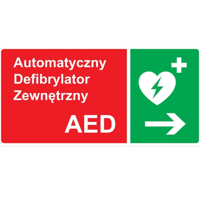 Oznaczenie wyposażenia obiektu w AED Źródło: https://kredos.pl/defibrylatory/akcesoria-do-defibrylatorow/tablica-kierunkowa-do-oznaczania-defibrylatora-aed-w-prawo-specyfikacja