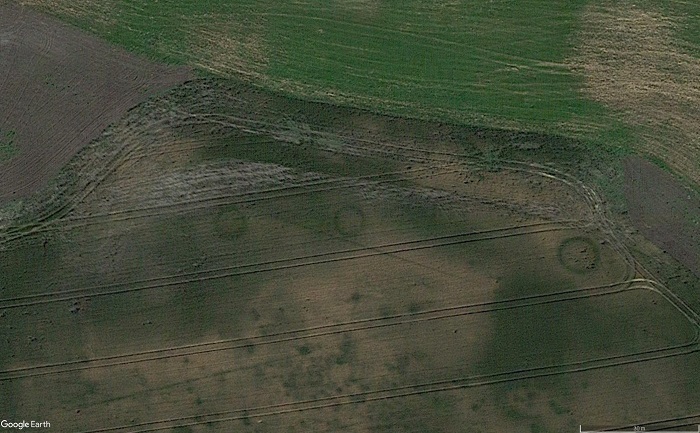 Koliste wyróżniki mogą ujawniać pozostałości zniwelowanych kurhanów pradziejowych, fot. Google Earth