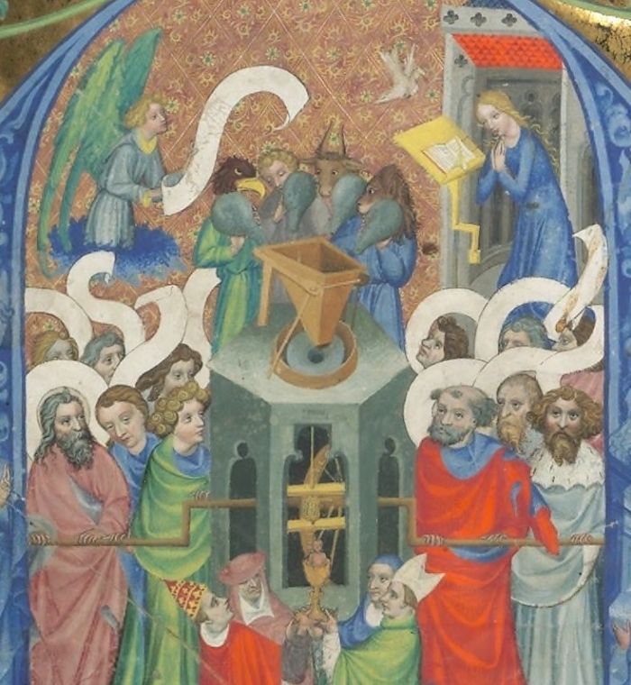 Fragment średniowiecznego graduału z przedstawieniem Młyna Eucharystycznego. Ewangeliści - symbolizowani przez 4 zwierzęta, sypią ziarno na kamienie młyńskie (obracane przez apostołów), skąd mąka trafia do kielicha liturgicznego.