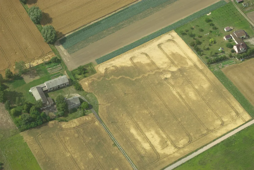 Relikty okopów widoczne w postaci linii falistej przebiegającej od zabudowań po lewej stronie do zabudowań widocznych po prawej stronie zdjęcia, sfotografowane w okolicach Grudziądza, fot. F. Wałdoch