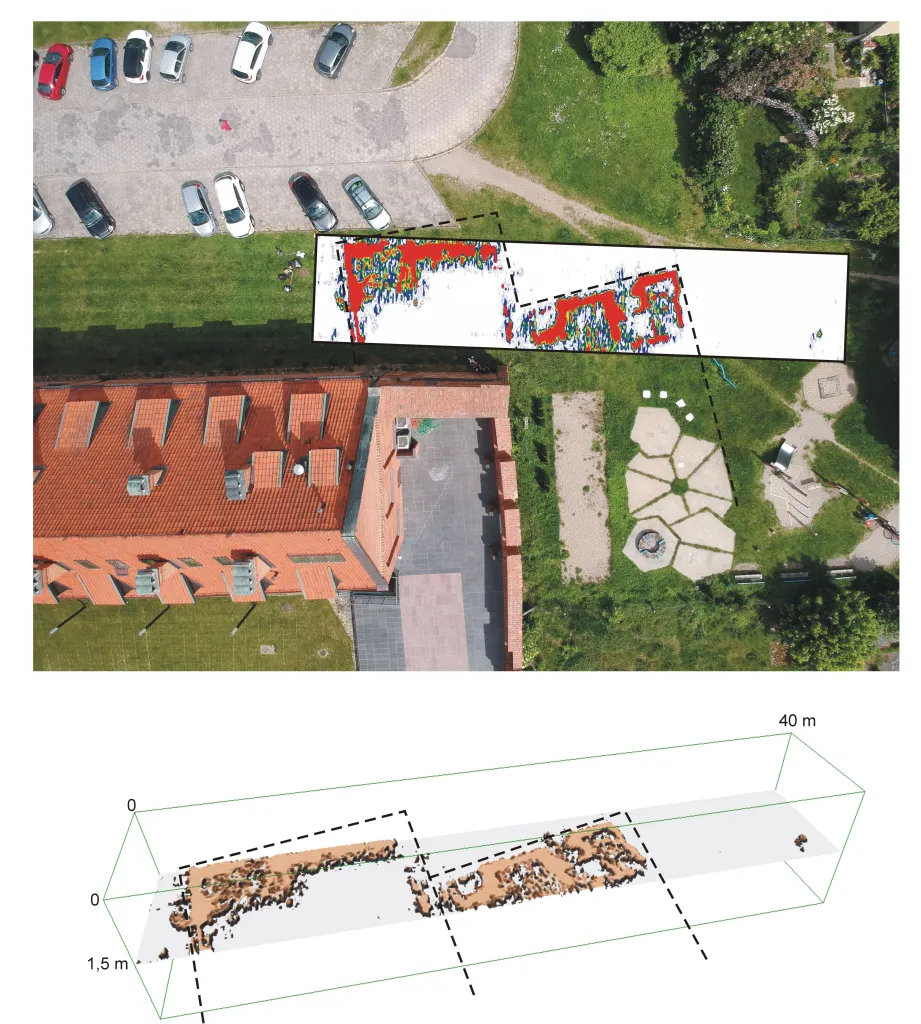  Profilowania GPR na których widoczne są zarysy fundamentów podzamcza, oprac. R. Welc, 