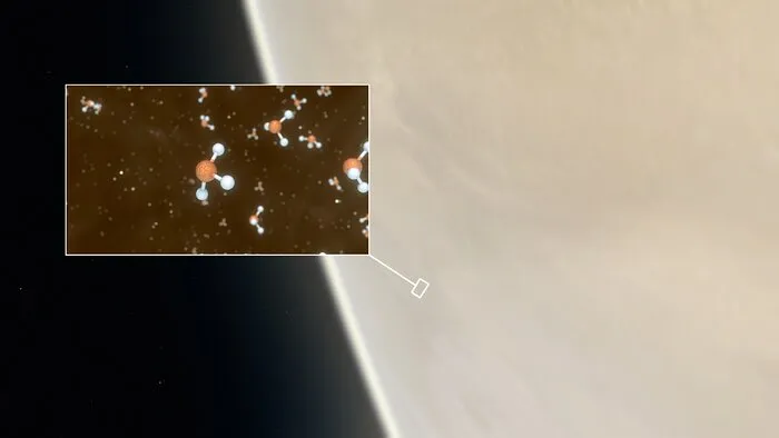 Na Wenus naukowcy potwierdzili wykrycie cząsteczek fosforowodoru (fosfiny), którą symbolicznie pokazano na ilustracji. Źródło:  ESO/M. Kornmesser/L. Calçada & NASA/JPL/Caltech