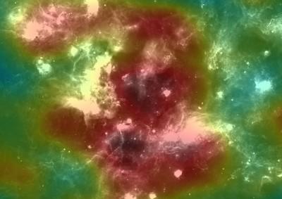 Region Kokonu Łabędzia ze źródłem fotonów o energiach dochodzących do 100 TeV, pokrywającym się z młodą gromadą masywnych gwiazd Cygnus OB2. (Źródło: IFJ PAN / HAWC)