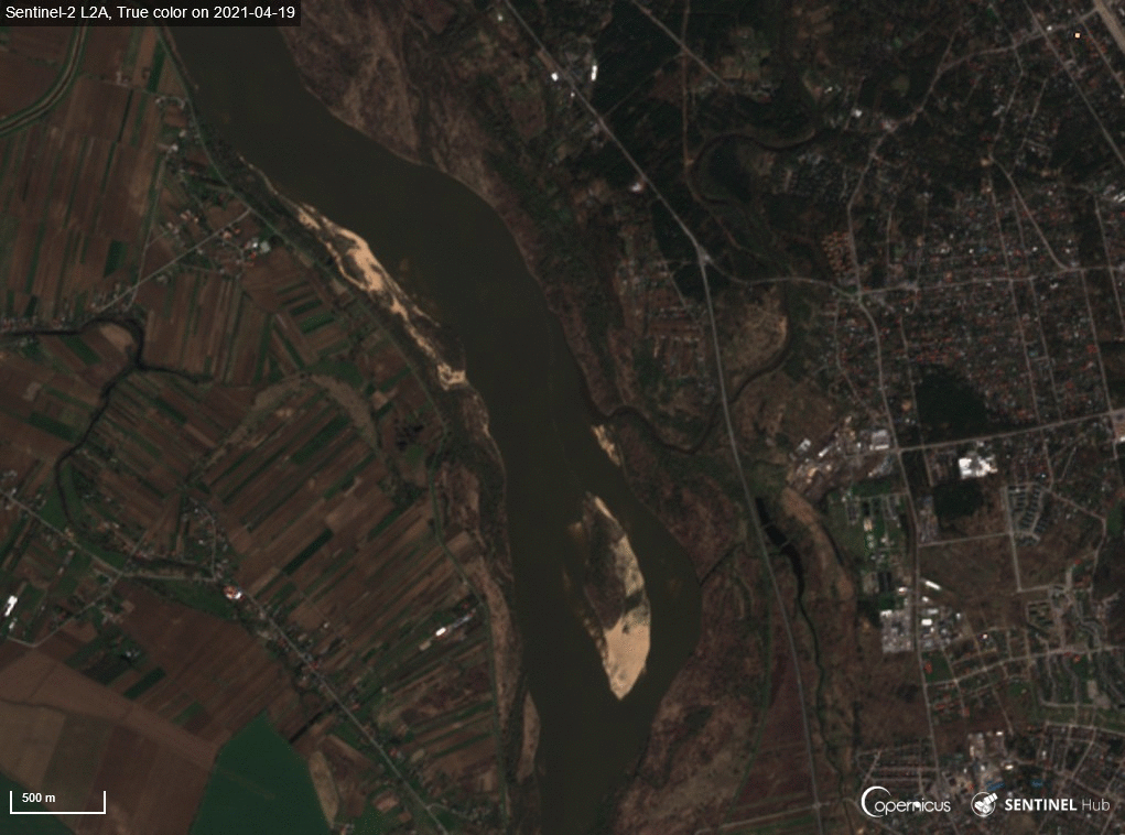 stan Wisły pod Warszawą 2021-04-19, zdjęcie: satelita Sentinel-2. źródło: CREODIAS.eu