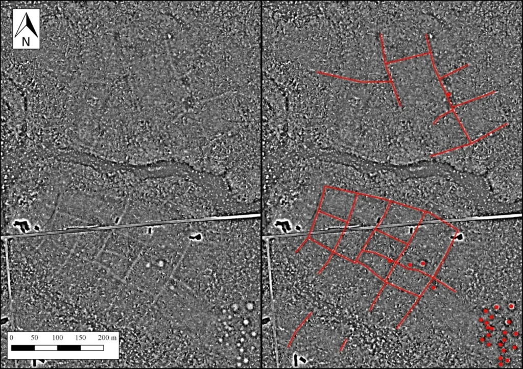 Pola i kopca w Puszczy Białowieskiej - odkryte dzieki lotniczemu skanowaniu laserowemu, oprac. M.Szubski, M Jakubczak