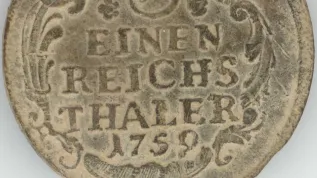 Moneta pruska - 1/3 talara, wybita w roku, w którym rozegrała się bitwa pod Kunowicami, fot. G. Podruczny. 