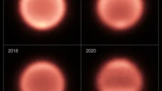 Składanka zdjęć pokazuje termiczne obrazy Neptuna uzyskane od 2006 do 2020 roku. Pierwsze trzy zdjęcia wykonano teleskopem VLT, czwarte teleskopem Subaru. Po stopniowym ochładzaniu planety, wygląda na to, że biegun południowy uległ ociepleniu w ostatnich kilku latach, co widać jako jasną plamę na dole Neptuna na zdjęciach z 2018 i 2020 roku. Źródło: ESO/M. Roman, NAOJ/Subaru/COMICS.