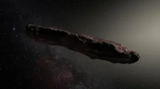 Wizja artystyczna Oumuamua - pierwszego zauważonego przez nas obiektu spoza Układu Słonecznego, który pojawił się w niedalekiej odległości od Ziemi. Do Oumuamua odnosi się w publikacji "Pozaziemskie" gość Nowych Obrotów, prof. Avi Loeb z Uniwersytetu Harvarda. Źródło: materiały prasowe organizatora