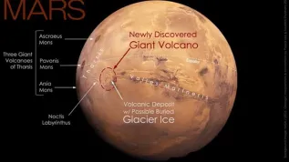 Nowo odkryty wielki wulkan na Marsie znajduje się na południe od równika tej planety, we wschodniej części Noctis Labyrinthus, na zachód od Valles Marineris, wielkiego systemu kanionów. Fot. NASA/USGS Mars globe. Interpretacja geologiczna i opisy - Pascal Lee i Sourabh Shubham 2024, za: https://www.seti.org/
