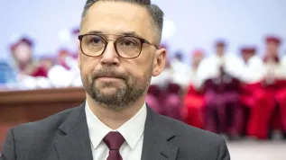 19.02.2025. Minister nauki i szkonictwa wyższego Marcin Kulasek podczas obchodów święta Uniwersytetu Mikołaja Kopernika, które uczelnia obchodziła w dniu urodzin swojego patrona.  PAP/Tytus Żmijewski