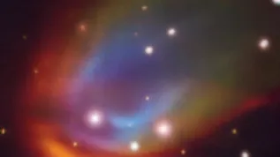 Zdjęcie wykonane instrumentem MUSE na Bardzo Dużym Teleskopie (VLT). Pokazuje łukową falę uderzeniową wokół białego karła RXJ0528+2838. Źródło: ESO/K. Iłkiewicz i S. Scaringi et al.