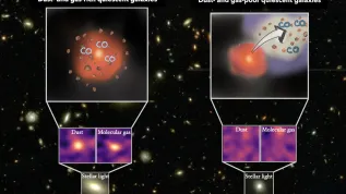 Ilustracja kontrolna ukrytą nieaktywnych: podłączone i wygaszone, które są podobne do tego, i stare w świetle gwiazd obserwowanych przez JWST (dół), obrazy ALMA pojawiają się, że zawartość zimnego pyłu i gazu molekularnego może się pojawić. Rozprzestrzenianie się pyłu i gazów (po lewej), podczas gdy inne są prawie wyczerpane (po prawej), co następuje na skutek ewolucyjnego porażenia formowania się gwiazd. Źródło: NCBJ