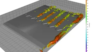 Obrazowanie działania pasywnego sterowania przepływem za pomocą dołków poprzez izolinie wirowości; W. Stryczniewicz, Application of Helium Filled Soap Bubbles and STB for 3D PIV investigations of large-scale passive flow control devices, 22nd International Symposium on the Application of Laser and Imaging Techniques to Fluid Mechanic