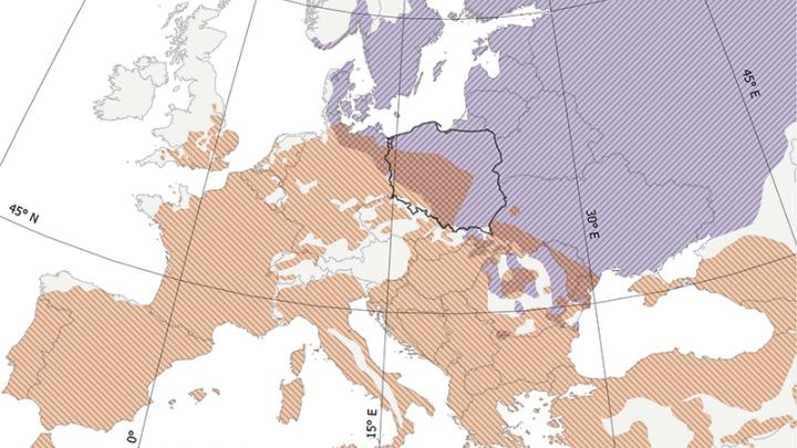 Zasięg obszarów lęgowych słowika rdzawego (pomarańczowy) i słowika szarego (fioletowy) w Europie. Dane: BirdLife International (2017). (Źródło: Reif et al. 2018, https://doi.org/10.1111/1365-2656.12808)