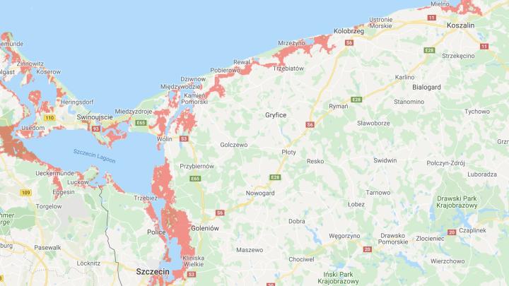 Mapki pokazują obszary polskiego wybrzeża, które będą zalewane przynajmniej raz do roku przez morze w wyniku wzrostu jego poziomu do roku 2050 i w późniejszych dekadach. Fale mogą wdzierać się głęboko w okolicach Gdańska, Szczecina czy Elbląga, a kilka jezior będzie stawać się okresowo zatokami.