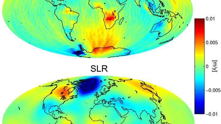 Secular changes in geoid heights from GRACE and SLR solutions in the period 2003–2013. Changes of heights are concentrated in Greenland, West Antarctica, Patagonia and Alaska and in California and the Caspian Sea. Positive changes are observed in Canada, Scandinavia and East Antarctica. Source: Sośnica, K., Jäggi, A., Meyer, U. et al. Time variable Earth’s gravity field from SLR satellites. J Geod 89, 945–960 (2015)  doi.org/10.1007/s00190-015-0825-1