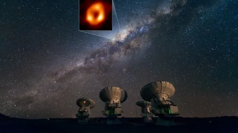 Droga Mleczna i położenie jej centralnej czarnej dziury widziane przez Atacama Large Millimeter/submillimeter Array. Źródło: ESO/José Francisco Salgado (josefrancisco.org), EHT Collaboration