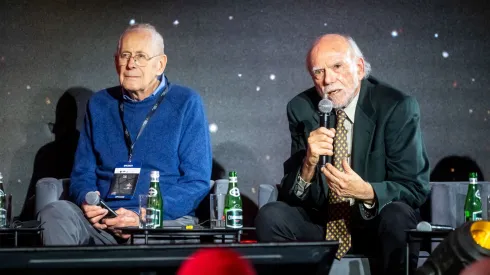 20.02.2023. Nobel laureates James Peebles (L) and Barry Barish (R) during a panel discussion at the World Copernican Congress in Toruń. PAP/Tytus Żmijewski