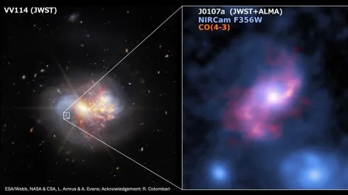 Obraz w podczerwieni pokazujący pobliską galaktykę VV114 oraz w  tle odległą galaktykę J0107a o przesunięciu ku czerwieni z = 2,467. Po prawej: rozmieszczenie gazu w J0107a widziane przez ALMA. Źródło: NASA, ALMA(ESO/NAOJ/NRAO), Huang et al.