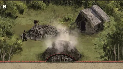 Budowa mielerza, czyli konstrukcji do wypału węgla drzewnego. rys: Tomasz Ryger. Słowiński, M, et al. 2024. Human impacts on environment in the preindustrial forest landscapes in Poland—An overview. Elem Sci Anth, 12: 1. DOI: https://doi.org/10.1525/elementa.2023.00065