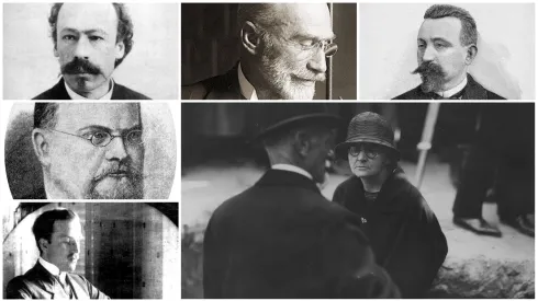 Wybitni polscy chemicy: Górny rząd od lewej: Karol Olszewski, Leon Marchlewski i Marceli Nencki. Kolumna po lewej: Zygmunt Wróblewski (środek), Jan Czochralski (na dole). Duże zdjęcie: Maria Skłodowska-Curie. Spośród nich jedynie Karol Olszewski i Leon Marchlewski i Maria Skłodowska-Curie doczekali się nominacji do Nagrody Nobla. A Maria Skłodowska-Curie Nagrodę dwukrotnie otrzymała.  Źródło zdjęć: Wikipedia, NAC. 