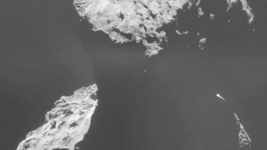 Miejsce lądowania Philae. Zdjęcie wykonała sonda Rosetta 30.10. 2014 r. z odległości 26,8 km od centrum komety. Fot.: ESA/Rosetta/NAVCAM – CC BY-SA IGO 3.0.