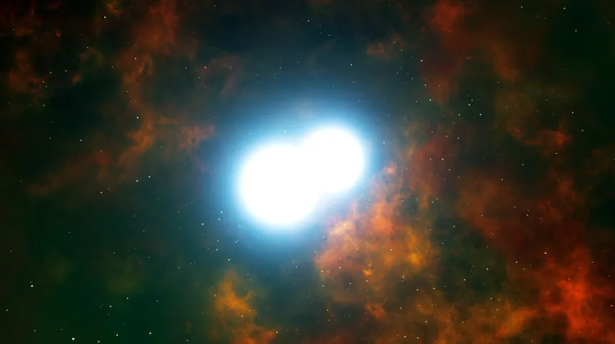 Artystyczna wizja centralnej części mgławicy planetarnej Henize 2-428. W środku widzimy układ dwóch białych karłów na bardzo ciasnej orbicie wokół siebie. Źródło: ESO/L. Calçada