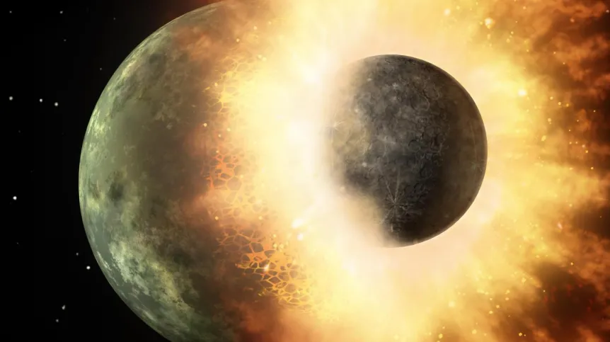 Artystyczna wizja zderzenia dwóch protoplanet. Tego typu kolizja dużego obiektu z Ziemią mogła doprowadzić do powstania Księżyca. Źródło: NASA/JPL-Caltech.