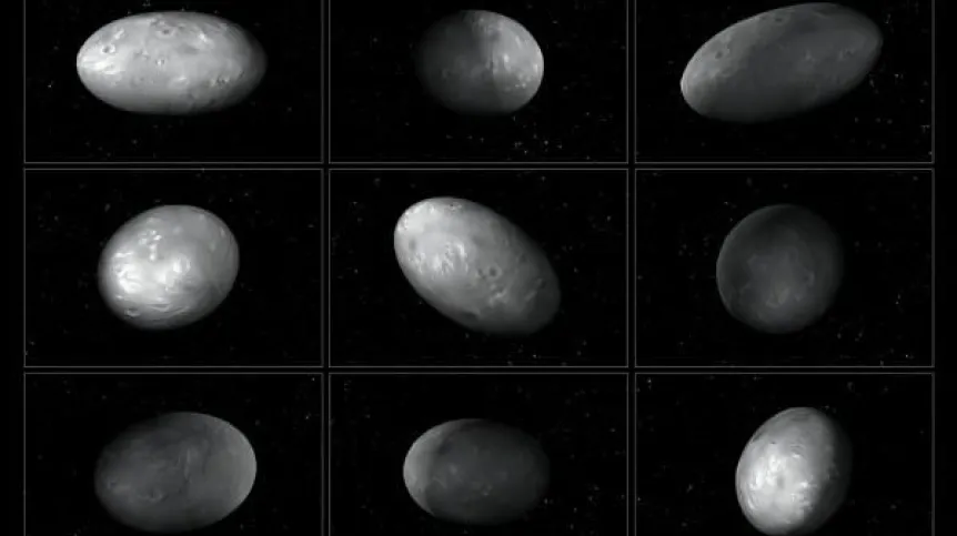 Ilustracje z symulacji komputerowej obliczającej chaotyczną rotację małego księżyca Plutona o nazwie Nix. Źródło: NASA, ESA, M. Showalter (SETI Inst.), G. Bacon (STScI). 