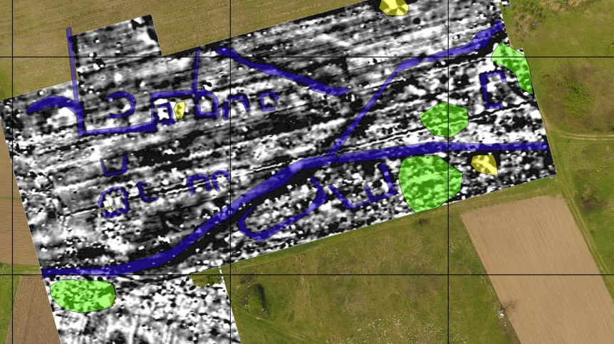 Mapa magnetyczna, na której widoczne są anomalie interpretowane jako pozostałości nekropolii. Oprac. M. Pisz 