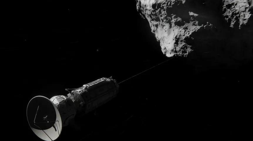Artystyczna wizja sondy kosmicznej lądującej na małym obiekcie, takim jak kometa lub planetoida. Źródło: NASA/JPL-Caltech/Cornelius Dammrich.