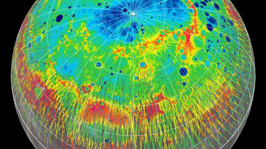 Mapa wysokości na północnej półkuli Merkurego opracowana na podstawie pomiarów laserowych z sondy MESSENGER (kolor czerwony – najwyżej, kolor niebieski – najniżej). Źródło: NASA/Johns Hopkins University Applied Physics Laboratory/Carnegie Institution of Washington/DLR