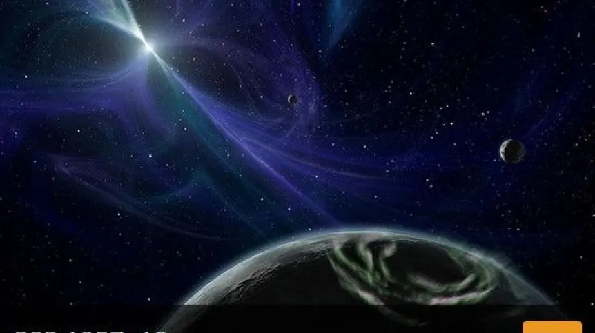 Artystyczna wizja planet obiegających pulsara PSR 1257+12, które zostały odkryte przez polskiego astronoma prof. Aleksandra Wolszczana. Źródło: IAU.
