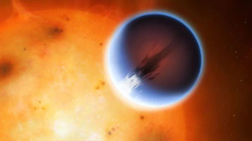 Artystyczna wizja planety pozasłonecznej HD 189733 b, na której wykryto wiatry wiejące z prędkościami 8700 km/h. 