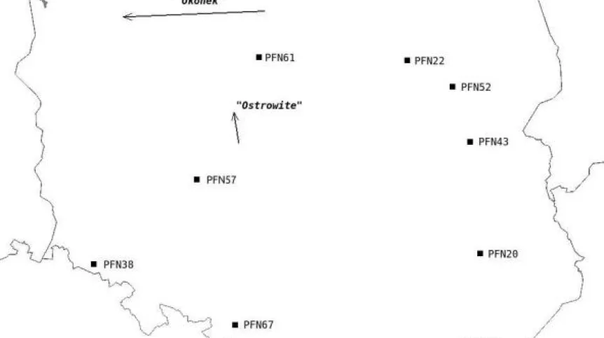 Mapa przedstawia trasy przelotu dwóch bolidów z nocy 31.10/1.11.2015 r. oraz rozmieszczenie stacji bolidowych, które zarejestrowały przelot tych meteorów. Źródło: Polska Sieć Bolidowa. 