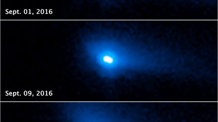 Para planetoid o cechach kometarnych 2006 VW139/288P sfotografowana przez Kosmiczny Teleskop Hubble’a. Źródło: NASA, ESA oraz J. Agarwal (Max Planck Institute for Solar System Research).