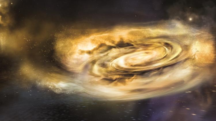 Wizja artystyczna silnego wiatru zaburzającego zewnętrzne obszary dysku z materii otaczającej czarną dziurę. Materia dysku (kolor żółty) jest najpierw wyciągana z zewnętrznych warstw pobliskiej gwiazd. Czarna dziura o masie gwiazdowej znajduje się w centrum dysku o rozmiarach 5 mln km. Pochłania ona materię wtedy i tylko wtedy gdy dociera ona do centralnych części dysku, o rozmiarach ok. 30 km. (źródło: NASA/Swift/A. Simmonet , Sonoma State University)