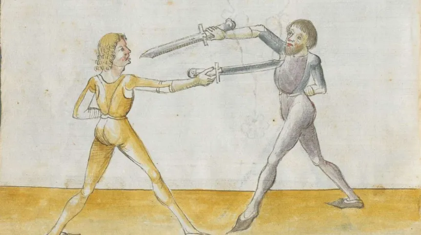 Przykładowa rycina z jednego z lepiej zbadanych średniowiecznych podręczników szermierki znanego jako "Kunst des Messerfechtens" Hansa Lecküchnera (Cgm 582) z 1482 roku.  Bayerische Staatsbibliothek - Creative Commons Attribution-NonCommercial-ShareAlike License 4.0 