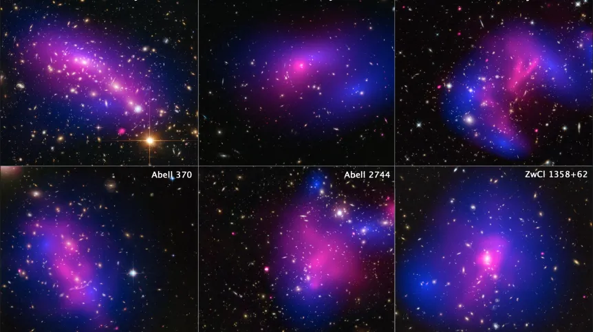 Rozmieszczenie ciemnej materii (w kolorze niebieskim) w sześciu gromadach galaktyk, odtworzone na podstawie zdjęć z kosmicznego teleskopu Hubble'a. (Źródło: NASA, ESA, STScI, and CXC)