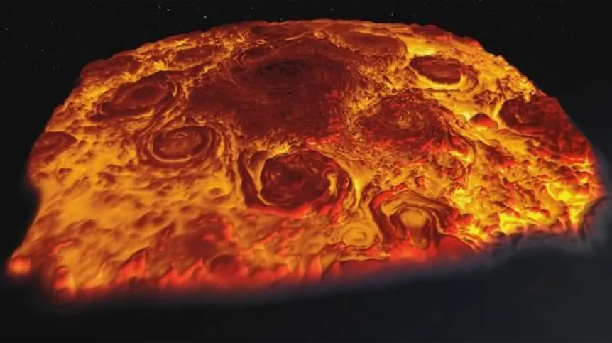Trójwymiarowy obraz północnego bieguna Jowisza w podczerwieni opracowany na podstawie danych z sondy Juno. Źródło: NASA/JPL-Caltech/SwRI/ASI/INAF/JIRAM.