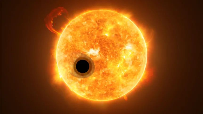 Wizja artystyczna planety WASP-107b z rozległą atmosferą, przechodzącej na tle tarczy swojej gwiazdy. Źródło: ESA/Hubble, NASA, M. Kornmesser.